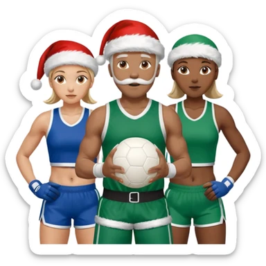 3 atletas, um homem no meio e duas mulheres com cores de pele diferentes, usando elementos esportivos, bola de futebol, luvas de luta e bola de vôlei. Coloque um chapéu de papai noel das cores verde e com roupas azul e branco sticker