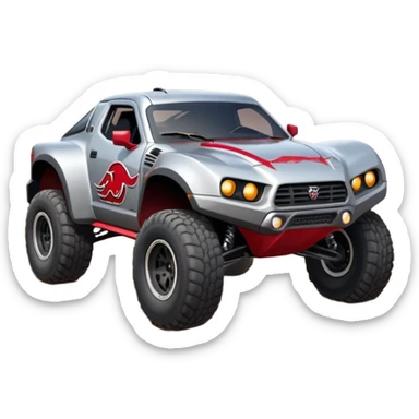 Satan’s (post race) Cabernet Dirty and dented Local Motors Rally Fighter off road race car hot rod trophy truck-style flying on a dusty road (silver wheels) sticker