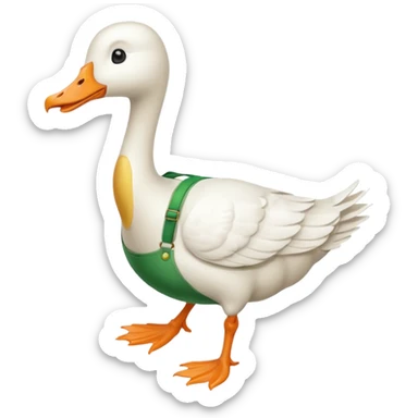 Make me an emoji of a goose that is running towards something. Also make it white. Make it have a very long neck like geese do.

Can you make the goose wear green suspenders sticker