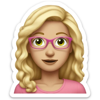 Woman with long blonde hair, freckles, green eyes, glasses, wearing pink top, sticker