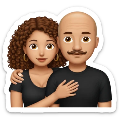 A mixed girl, the girl is wearing a black shirt, the girl has brown curly hair  and the girl has big boobs. A Mexican man is embracing her, with bald hair and a short boxed mustache  sticker