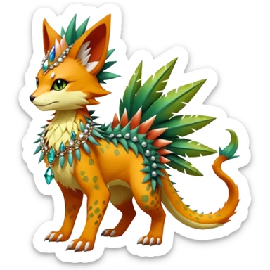 Kawaii cute reddish orangish yellowish greenish exotic tropical beautiful pretty elegant divine edgy feline-vernid-sergal-Fakémon-Pokémon-fursona-animal-creature with accessories, jewelries, full body, with intricate detailed markings, spikes, crystals, fins, scales, spiny, feathered, headdress sticker