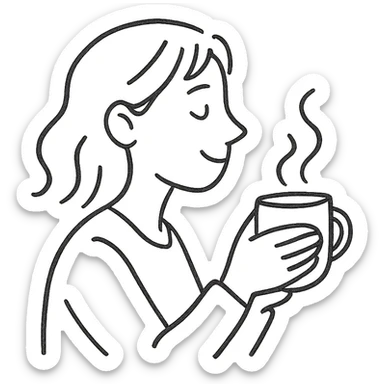 simple black and white pen sketch emoji of a woman in profile with a soft smile, holding a steaming mug in both hands, casual, hand-drawn, minimal, cozy, leisurely feeling, expressive face sticker