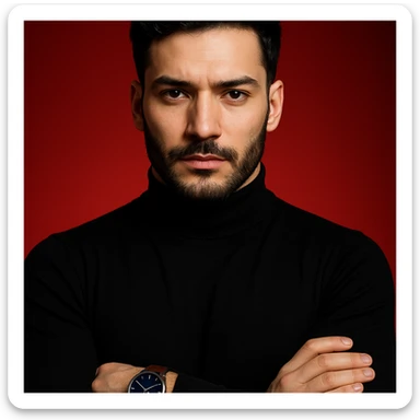 Create an ultra-realistic, high-detail, 4K editorial portrait of the person in the reference image. Emphasize sharp features, flawless fair skin, sleek black hair, and a black turtleneck. The person has arms crossed and wears a wristwatch with a blue dial and brown strap. The background is a bold red gradient with dramatic cinematic lighting. The composition is symmetrical and minimal. This is variation 5. sticker