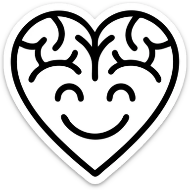 playful outlined icon of a brain shaped like a heart, big smile, emoji for chat sticker