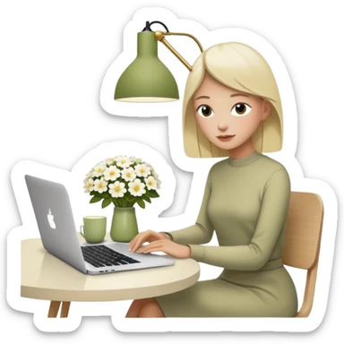 realistic macbook computer, fashion/interior magazines, flowers in a little vase, louis poulsen portable lamp with a dimmed cozy light and a iced matcha. very scandinavian aesthetic sticker