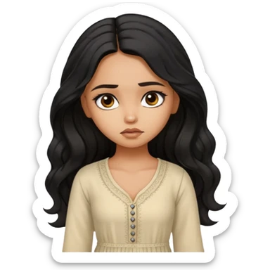 a pretty tan bratz girl with long wavy black hair, wearing a light kurti. looking sad sticker