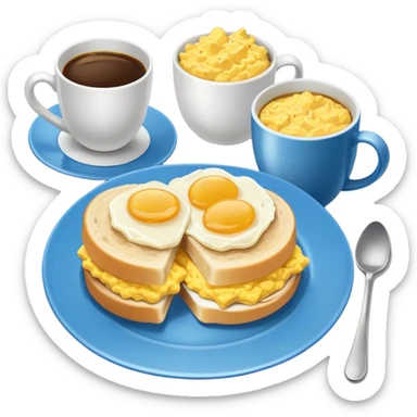 a blue plate with breakfast sandwiches and scrambled eggs and a cup of white coffee sticker
