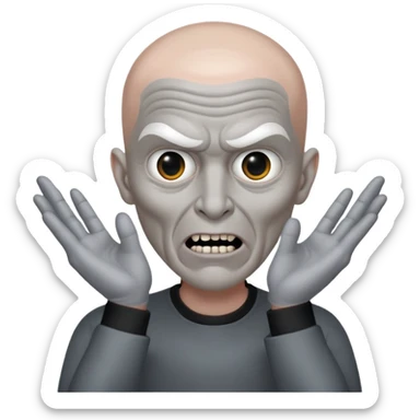 Rick Astley with bald grey head possessed by a demon because there is fingers in front of his face and he has no pupils and his body and clothes are gray too and he only has 2 teeth and that is his middle lower teeth and the background is pitch black sticker