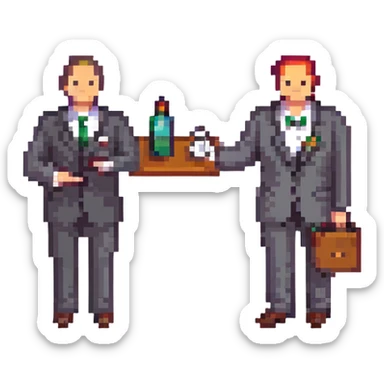 A businessman in a crimson suit with a waiter sticker