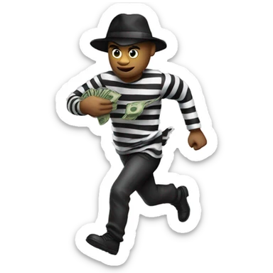 Robber in striped black and white shirt, black hat and bag of money on his back running right sticker