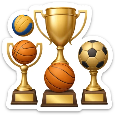 a basketball, soccer ball, volleyball, and a football all mixed with a trophy sticker