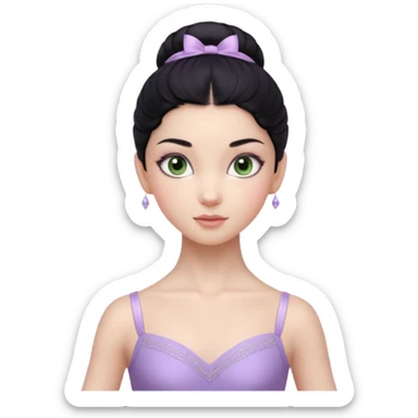 Cinematic Realistic ballerina Light Purple Portrait, depicted with lifelike skin texture, subtle rosy undertones, and soft natural lighting that enhances the gentle contours of her face. Her intricately detailed sweet black hair is elegantly styled, green eyes sticker
