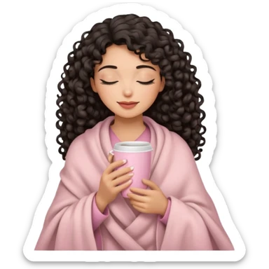 hispanic woman, black long 3b curls, closed eyes, feminine face, holding soft pink coffee cup with beige blanket over shoulders sticker