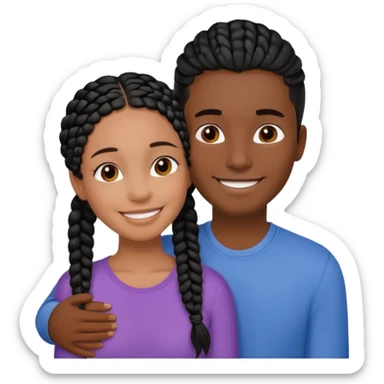 Dark black girl with black braids, smiling, and embracing her tan white boyfriend with straight brown hair sticker