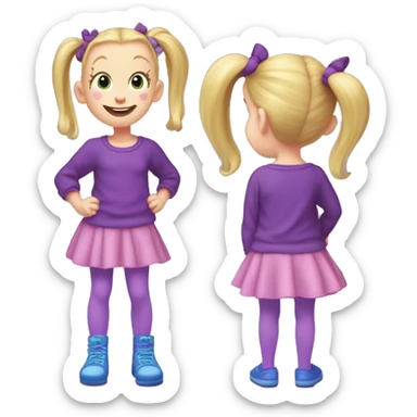 A little blonde girl with pigtails and little purple bows wearing a red long-sleeved shirt and purple overalls skirt with blue tights with green polka dots and purple sneakers, full body, rugrats sticker