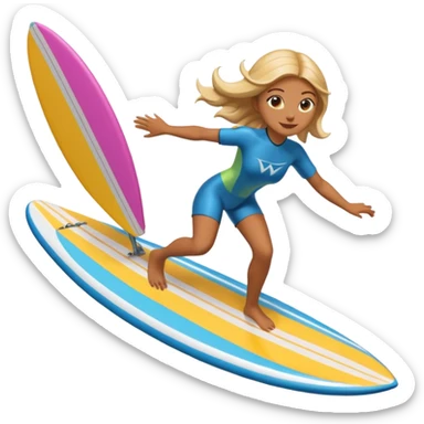 High-resolution detailed emoji of a wingfoil surfer girl, vibrant and expressive style. She is riding a hydrofoil board above ocean waves, holding an inflated wing sail overhead.  sticker