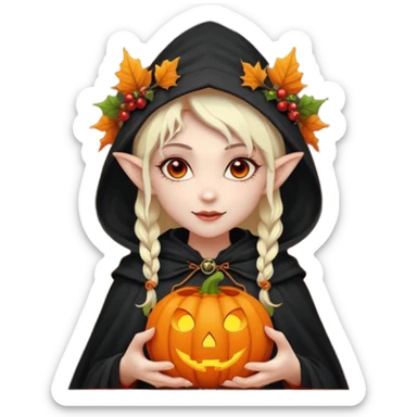 female elf vampire emoji, pale skin, red eyes, elegant face, autumn leaf and pumpkin wreath on head, black hooded cloak with cobweb details, holding small glowing pumpkin lantern, Halloween fantasy theme, Apple emoji style, clean white background, square sticker