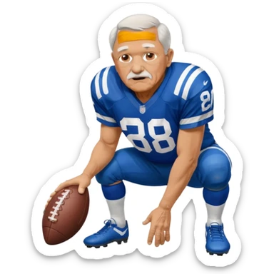 A grandpa playing football wearing an Indianapolis Colts jersey is. Show him kind of crouch down to the ground, holding the football and show the name rivers on the back of his jersey. sticker
