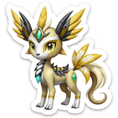 Cute Baby Colorful Shiny Tribal Skeletal masked armored Meloetta-Silvally-Solgaleo-Raikou-Pokémon-Digimon-Fakémon-fusion-hybrid-creature, full body sticker