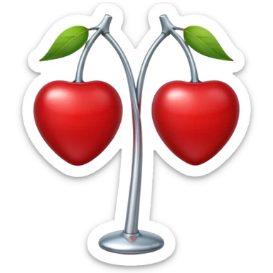 A pair of cherries emoji made of polished silver chrome, smooth rounded shapes, glossy metallic finish, soft highlights and reflections, cute proportions, iOS emoji style, centered, clean white background, no text sticker