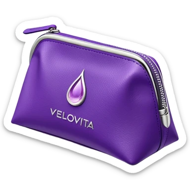 compact high-end purple supplement pouch with shiny silver highlights and simple droplet logo, VELOVITA RESERVE antioxidant product, contemporary premium look sticker