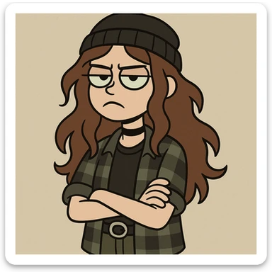 a girl with wavy long brown hair, green eyes, grunge style, cartoon style sticker