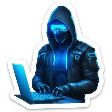 developer behind his laptop with this style : crysis Cyberpunk Riot Games Valorant neon glowing bright blue character blue black hooded assassin themed character sticker