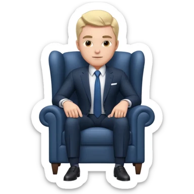 businessman sitting in an armchair, confident relaxed pose, formal suit and tie, professional corporate vibe, 3D cartoon style, mobile game icon style, clean background, no text, no watermark
 sticker
