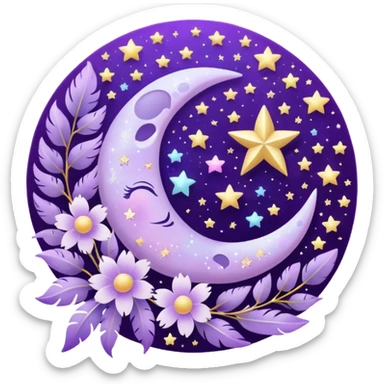 Beautiful poetic magical aesthetic sparkly glittery shiny pretty floating pastel lilac lavender Violet moon and flowers and leaves and feathers and sparkles and stars aesthetic deco sticker