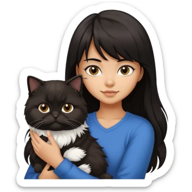 a girl with long dark brown, almost black hair with bangs, holding a fluffy black and white Persian cat sticker