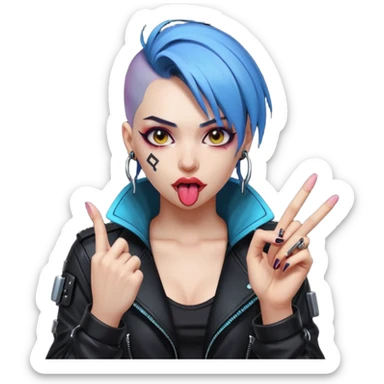 Woman with her tongue out in cyberpunk clothing and giving the middle finger. Looking naughty. sticker