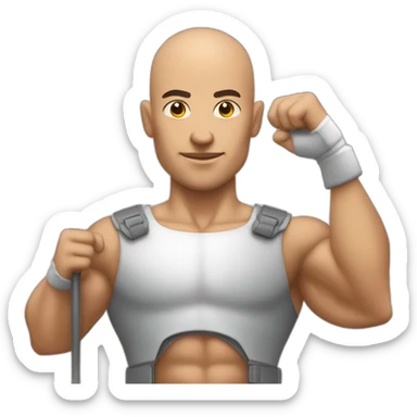 Bald muscular Man with a round traffic sign in his hand which he uses as a shield sticker
