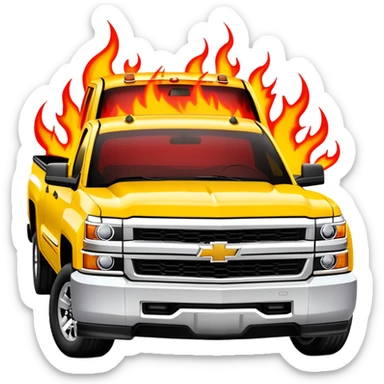 Yellow Chevrolet Silverado with custom red flame artwork specifically on the front bumper, hood remains plain yellow, authentic Kill Bill truck design, 30-degree angle, iOS emoji style sticker