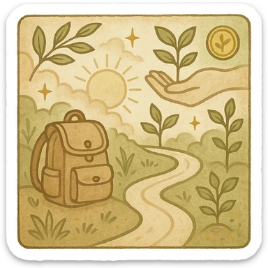 healing, literary-style avatar in soft warm color scheme beige, light brown, green, pale yellow, abstract symbols of growth and wealth like backpack on winding road with small golden accents, no text, square composition sticker