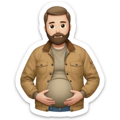 Bearded man rubbing pregnant belly poking out of shirt wearing a tan canvas carhartt jacket sticker