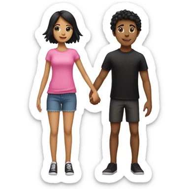 Emoji of a tan girl with black hair wearing pink and a boy with black hair wearing black holding hands sticker