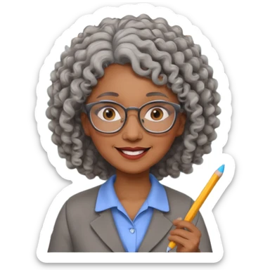 woman teacher, brown skin, curly grey hair, old, wearing glasses, hold chalk on hand sticker