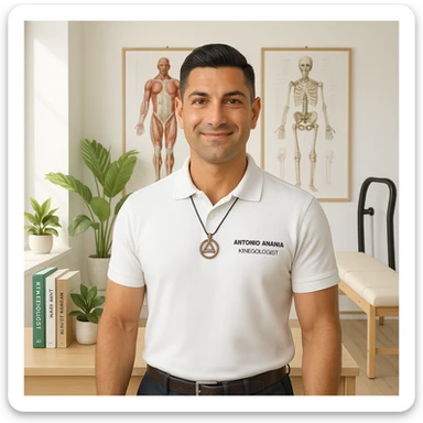 Create a photo-realistic illustration of a male kinesiologist named Antonio Anania in his private studio. He has a calm, confident expression and wears a fitted polo shirt or lab coat. The studio is bright and minimalistic, with wooden elements, anatomical posters, and natural plants. Books on kinesiology, anatomy, and natural health are neatly displayed. A massage table and exercise equipment are in the background. The style should be clean with natural light, professional but warm atmosphere. The face and features should closely resemble the person in the reference image. sticker