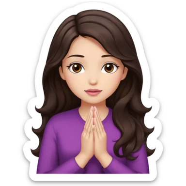 girl with wavy long glamorous dark brown hair, brown eyes, light to medium complexion, long lashes, light pink lipstick, praying sticker