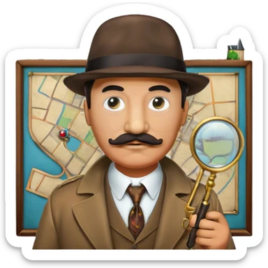 A colorful collage featuring Detective Poirot Detective Poirot with a long curling moustache, with a magnifying glass, revolver and a mysterious city backdrop. Include a board with photos of suspects, fingerprints, and a crime scene. Retro movie poster style. Transparent background. sticker