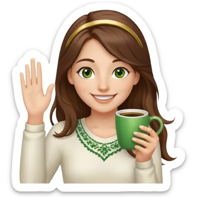 Long, Brown haired girl with middle hair part, green eyes, gold hoop nose ring, smiling, waving with one hand, coffee mug in the other sticker