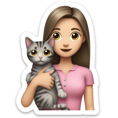 Brunette girl with straight hair in a pink blouse, holding a gray, striped, brown-eyed cat with a bow in her arms sticker