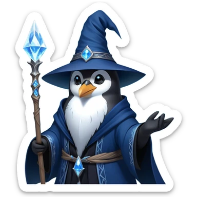 A mysterious penguin mage with sleek midnight-blue feathers, wearing a flowing black robe adorned with silver runes. A tall, pointed wizard hat sits slightly tilted on his head, the brim casting a shadow over his glowing icy-blue eyes. His flipper clutches an ancient wooden staff topped with a swirling crystal, radiating a soft, cold light. Snowflakes drift around him as he stands on a frozen cliff, his aura crackling with arcane energy, ready to summon a blizzard with a flick of his staff. sticker