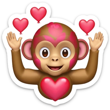 Cartoon monkey emoji, light brown, smiling, with joyful eyes and red/pink floating hearts. Represents love and happiness. Clean, simple style with transparent background sticker