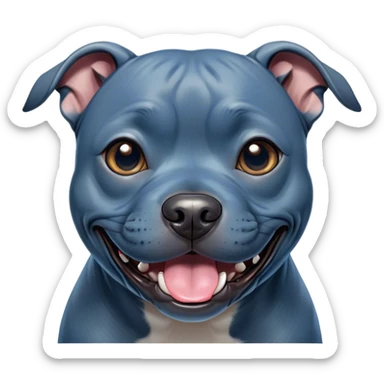 Cinematic Comical Blue Staffordshire Bull Terrier Portrait Emoji, Head tilted dramatically with an exaggeratedly amused expression, featuring a striking blue Fur with a subtle shimmer, wide, expressive dark eyes filled with playful disbelief, Simplified yet hilariously expressive features, highly detailed, glowing with a slightly sassy glow, high shine, dramatic yet playful, stylized with an air of cheeky mischief, bright and endearing, soft glowing outline, capturing the essence of a spirited and over-the-top guardian, so meme-worthy it feels like it could side-eye its way into internet fame instantly! sticker