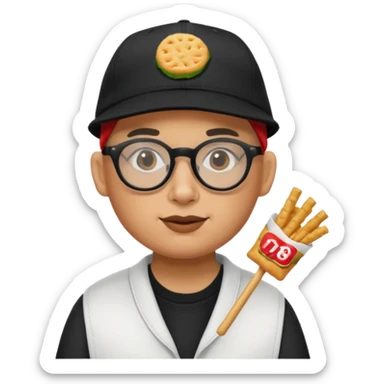 num num eatting hashbrown sticks with a plain black cap and glasses no hair add Rollin' 18 to hat sticker