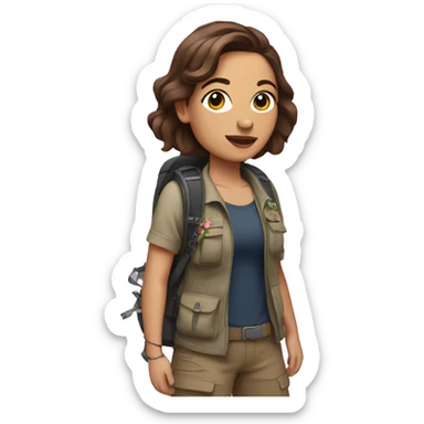 Woman with medium length brown hair and flower tattoo hiking sticker