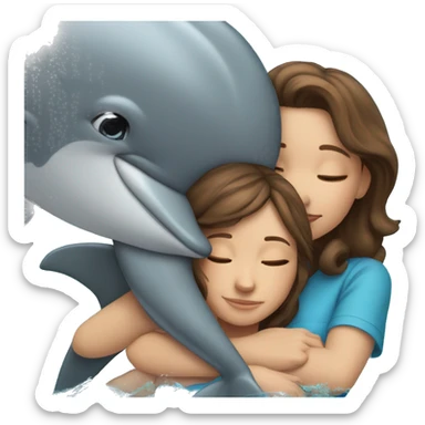girl with brown hair hugging dolphin sticker