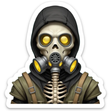 skeleton wearing a gas mask portrait, head and shoulders only, visible rib cage bones, cracked skull, dark hood, glowing eyes inside the mask, post-apocalyptic vibe, dramatic lighting, 3D cartoon, mobile game icon style, clean background, no text, no watermark
 sticker